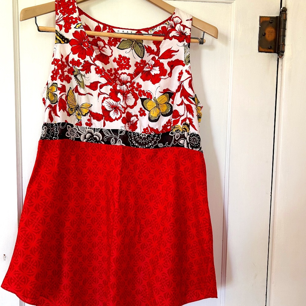 CAbi 100% Silk Sleeveless Multicolor Floral Butterfly Tank Tunic Blouse